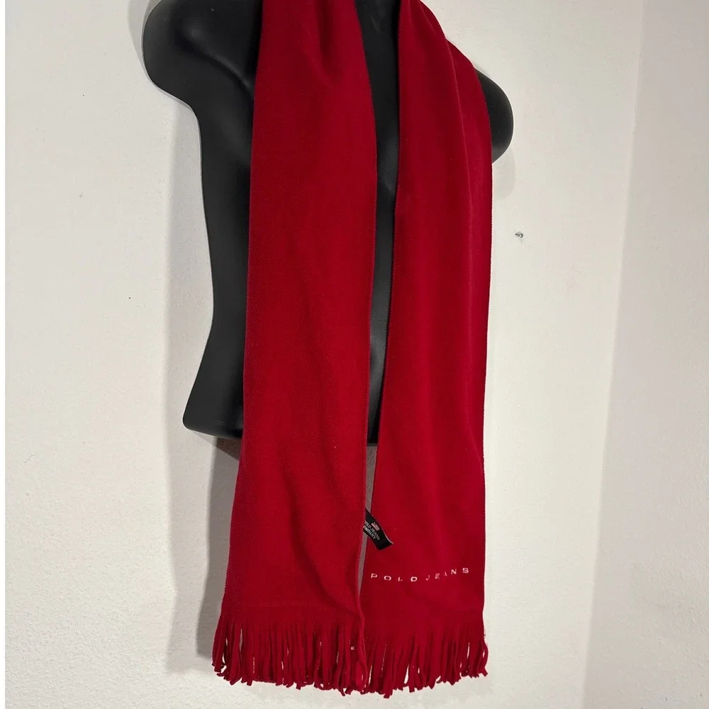 Polo‎ Jeans Company Red Fleece Scarf Embroidered Logo Fringe Winter 80 Inch